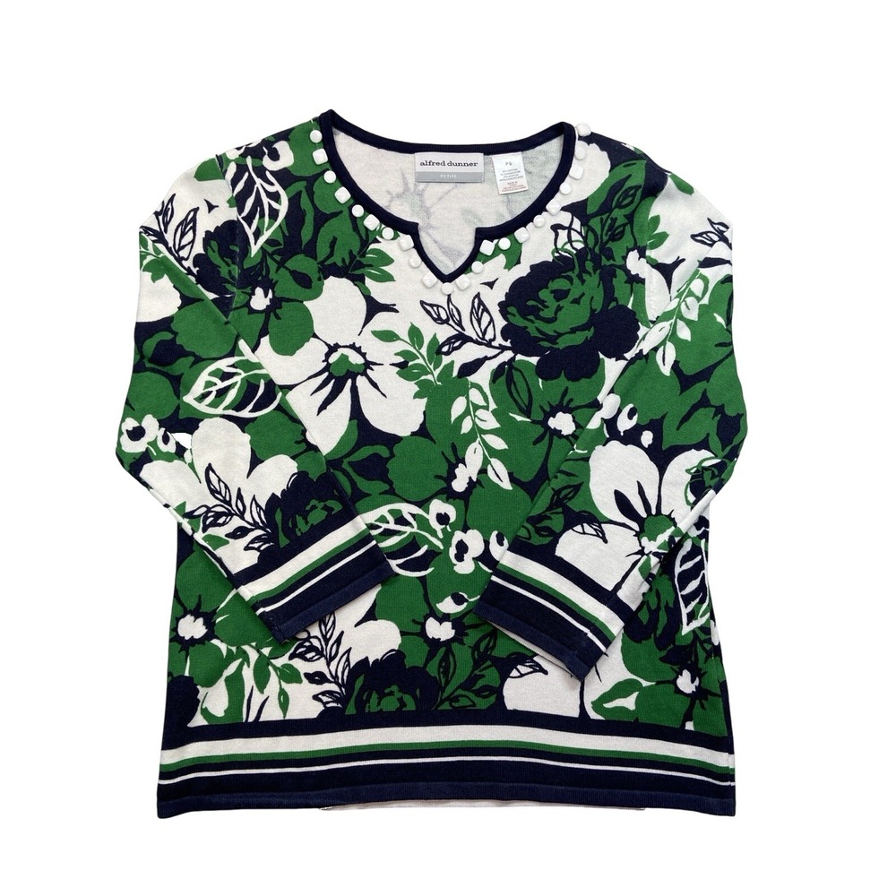 Alfred Dunner Sweater Womens PS Green Navy Floral Beaded V Neck Knit Pullover